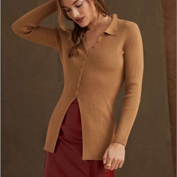 Anthropologie Maeve Ribbed Sweater women's size Small tan neutral slim collared - Picture 1 of 10